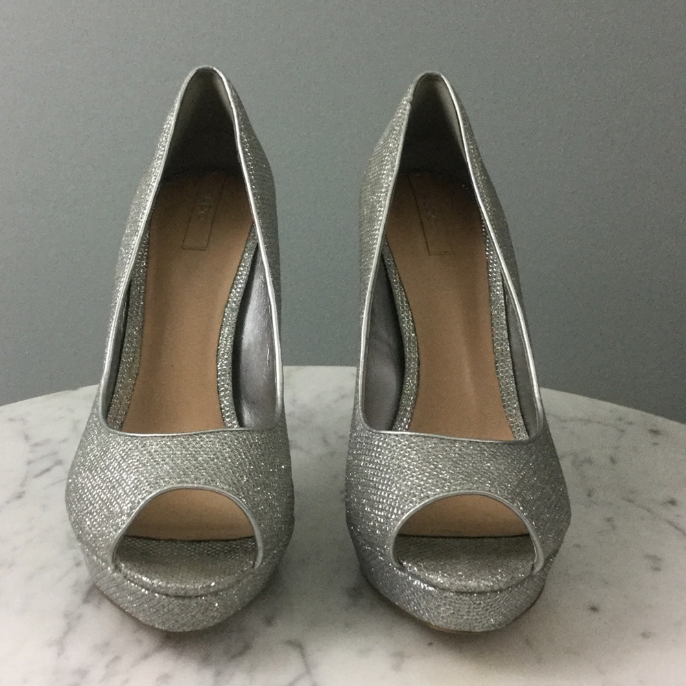 ALDO Raeann Metallic Silver Peeptoe Platform Heels Size 7.5 - Picture 8 of 8